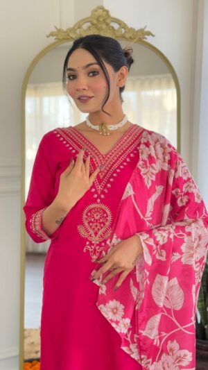 The Vibrant Rani Pink Embroidered Kurta Set