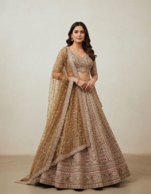 Beige/Gold Sequin Lehenga with Embellished Choli
