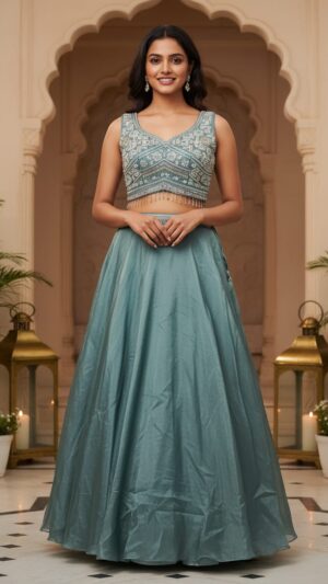 Smoky Teal Silk Lehenga