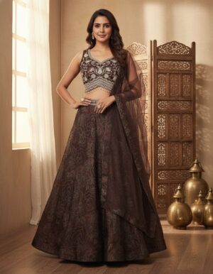 Pistachio Green Net Lehenga with Gold Work