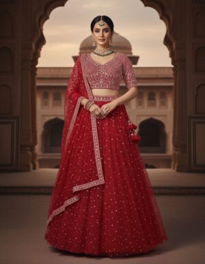 Red Net Lehenga with Silver Work