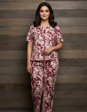 Maroon and Cream Floral Anarkali Style Kurta Set