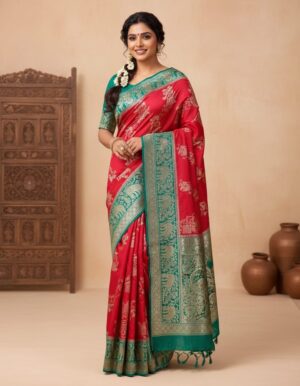 Luxurious Red and Teal Woven Silk Saree