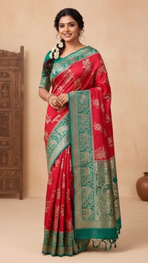 💖 Luxurious Red and Teal Woven Silk Saree