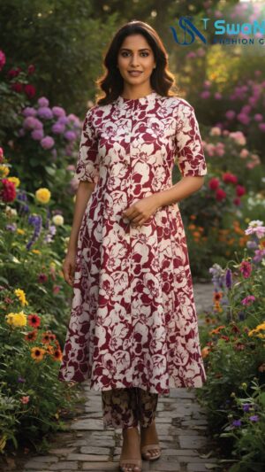 Maroon and Cream Floral Anarkali Style Kurta Set