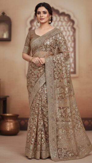 Bronze Net with Heavy Zari Embroidery