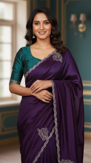 Elegant Deep Purple and Teal Designer Saree