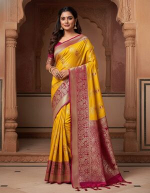 Vibrant Yellow and Magenta Silk Brocade