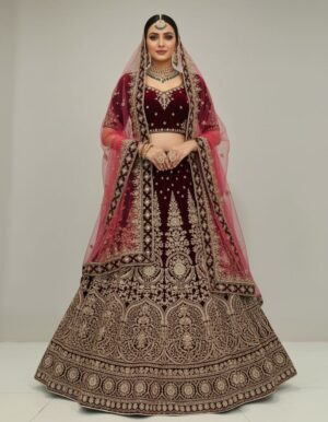 Traditional Maroon Velvet Bridal Lehenga