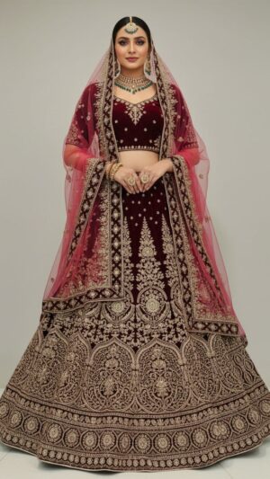 Traditional Maroon Velvet Bridal Lehenga