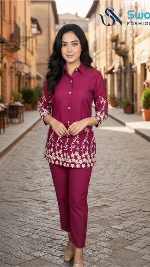 Wine Embroidered Tunic and Trouser Set