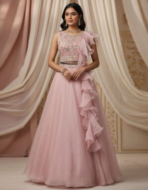 Lavender Net Lehenga with Waist Belt