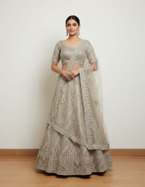 Golden Beige Heavy Embroidered Lehenga with Pink Accents