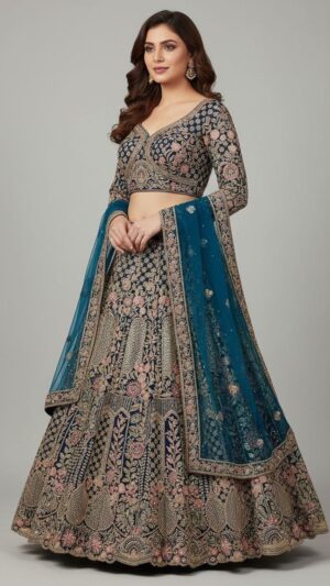 Beige/Gold Lehenga with Pink and Floral Work