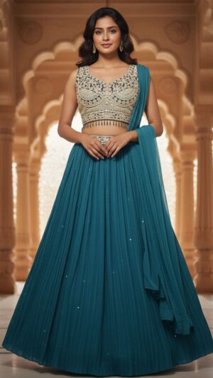 Teal Pleated Lehenga