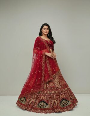 Opulent Dark Red Velvet Bridal Lehenga