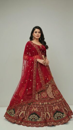 Opulent Dark Red Velvet Bridal Lehenga