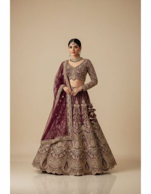 Maroon Net Lehenga with Silver Choli