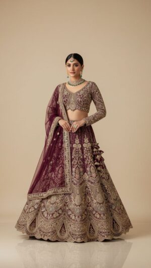 Maroon Net Lehenga with Silver Choli