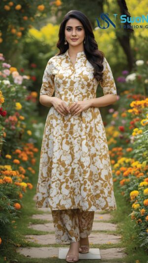 Mustard Yellow and White Floral A-Line Kurta Set