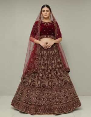 Elegant Maroon Velvet Bridal Lehenga