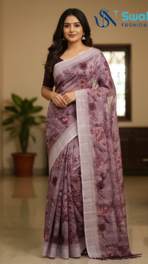 Lavender Meadow Digital Print Linen Saree