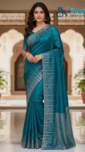 Regal Teal Sequin Border Satin Saree