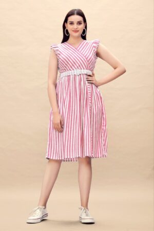Playful Pink & White Striped Sleeveless V-Neck Dress