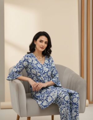 Royal Indigo Floral Flared Sleeve Co-ord Set