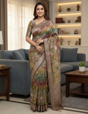 Prism of Petals: Multi-Tonal Floral Organza Saree