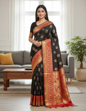 Noir Elegance: Crimson & Gold Heritage Silk Saree