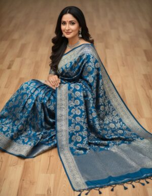 Midnight Sapphire: Golden Floral Heritage Silk Saree