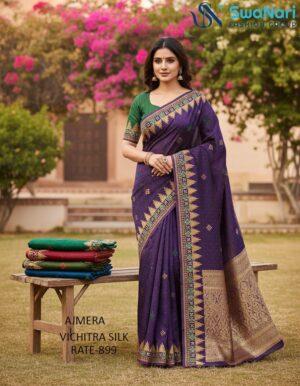 Regal Plum Radiance: Exquisite Vichitra Silk Saree with Ornate Zari Borders