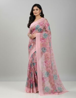 Pastel Yellow Floral Printed Organza Saree