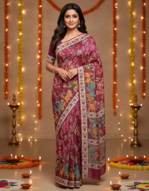 Elegant Wine Kalamkari Silk Blend Saree