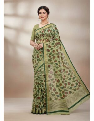 Earthy Sage Green Leaf Print Saree