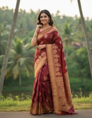 Midnight Plum: Majestic Floral Zari Heritage Saree
