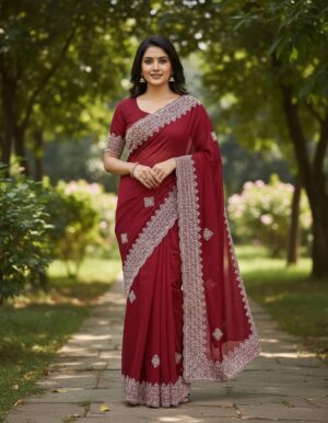 Luxurious Maroon Embroidered Saree