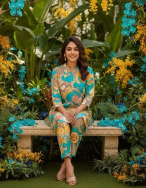 Vibrant Turquoise Floral Fusion Co-ord Set