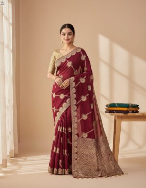 Royal Wine Embroidered Silk Saree with Gold Blouse