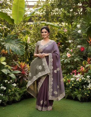 Mauve Mist Embroidered Silk Saree with Geometric Blouse