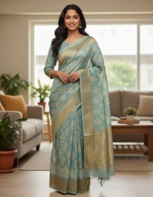 Serene Seafoam Floral Chanderi Saree