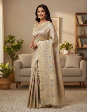 Radiant Beige Pastel Floral Banarasi Saree