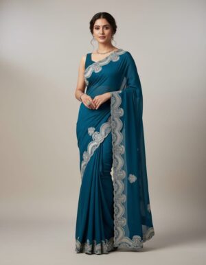Midnight Teal Embroidered Chiffon Saree