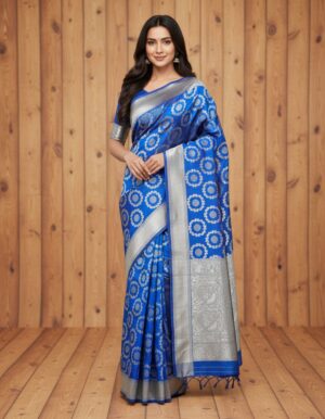 Majestic Azure: Silver Zari Floral Silk Saree