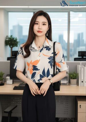 Tangerine Bloom: The Navy-Accent Corporate Petal Shirt