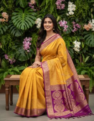 Golden Radiance: Mustard & Wine Traditional Woven Saree