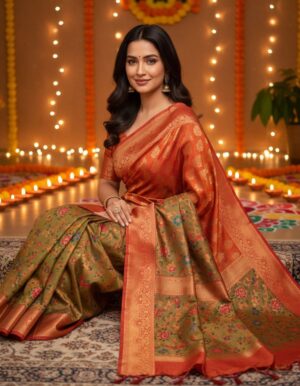 Olive Earth: Antique Zari Dual-Tone Heritage Saree
