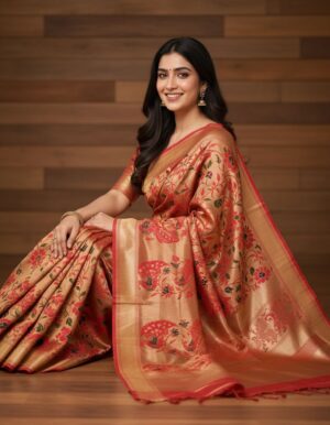 Radiant Copper-Gold Banarasi Silk Saree with Floral Jamdani Weave