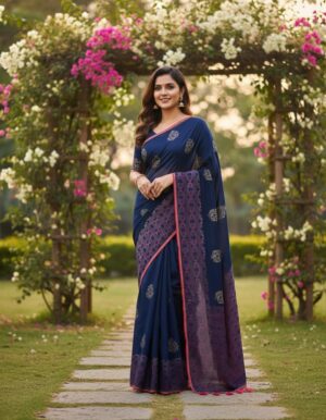 Majestic Midnight: Navy Blue Georgette Saree with intricate Copper Weaving